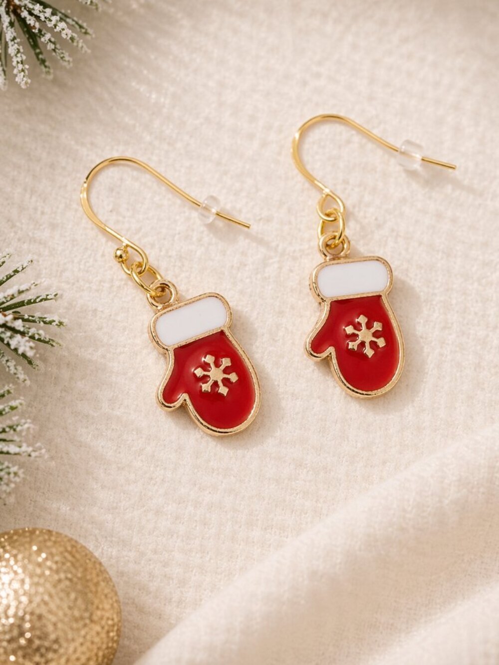 Red Christmas Mitten Dangle Earrings Snowflake Enamel Gold Holiday